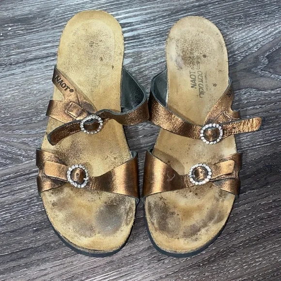 Naot Shoes Naot Kate Gold Distressed Double Strap Rhinestone